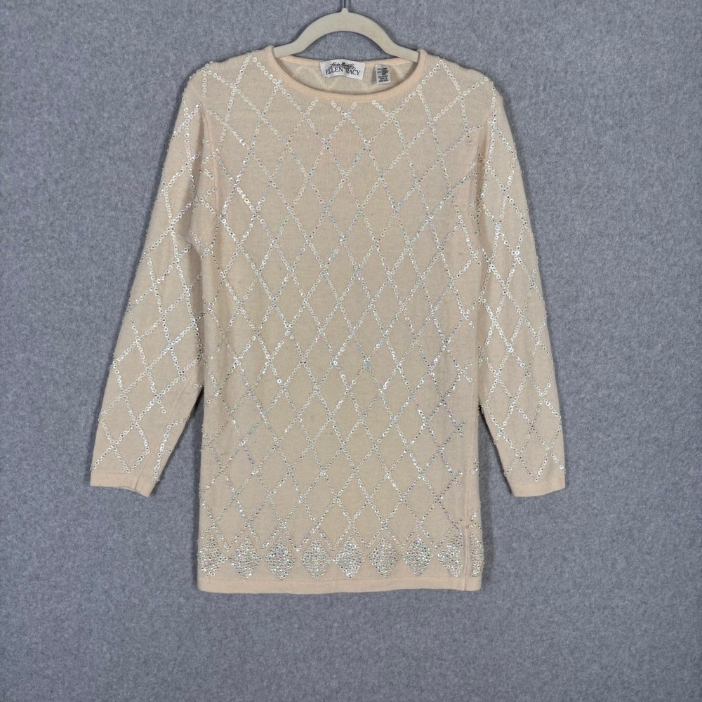 VTG Lambswool Angora Sweater Dress Tunic Large Cream Embellished Soft Luxury ***